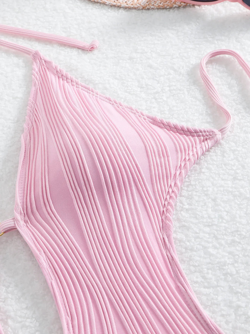 S - XXL Halter V Neck Wrinkled Female Swimwear One Piece Swimsuit Women Backless Monokini High Cut Bathing Suit Swim Beach Wear