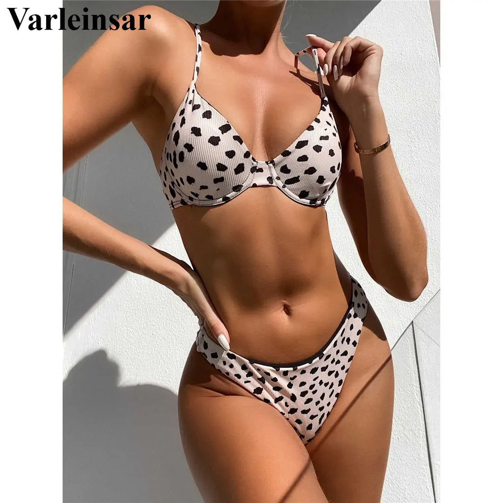 Sexy Leopard Bikini Swimsuit Female Swimwear Women Two-pieces Bikini set Underwired Bra Cup Bather Bathing Suit Swim Lady V2740