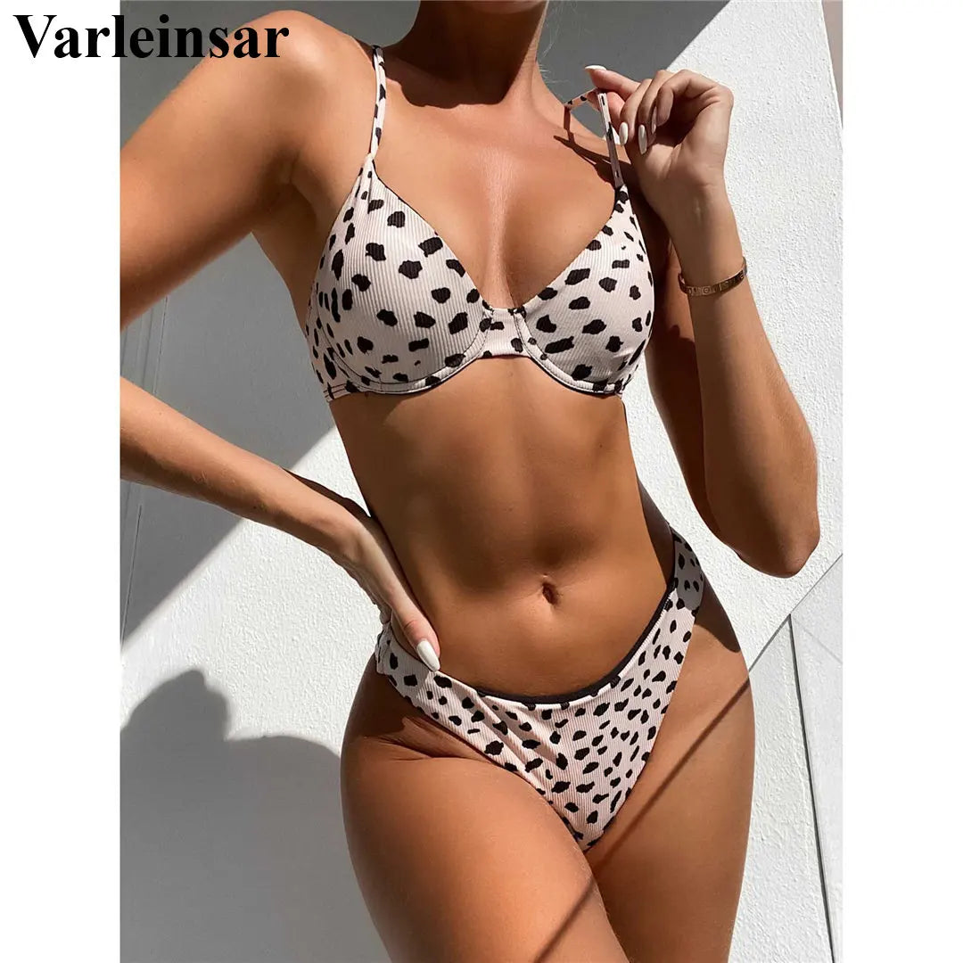 Sexy Leopard Bikini Swimsuit Female Swimwear Women Two-pieces Bikini set Underwired Bra Cup Bather Bathing Suit Swim Lady V2740