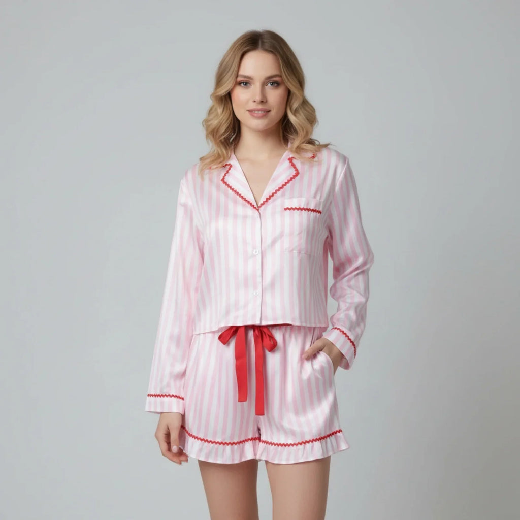 Women 2 Pieces Pajamas Sets fLong Sleeve Lapel V Neck Loose Fit Striped Print Tops with Elastic Waist Shorts Loungewear