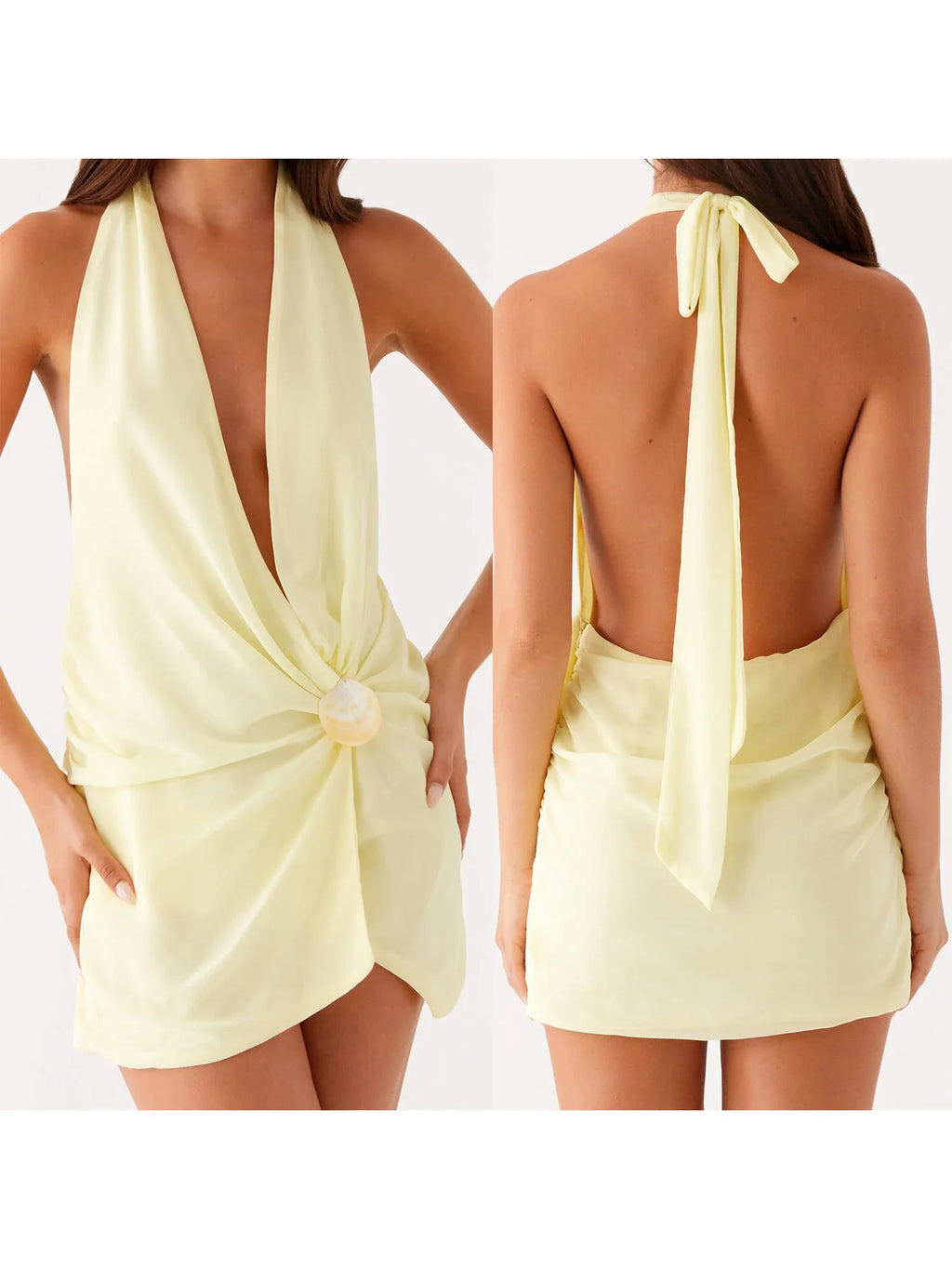 Women Casual Shell Deep V-Neck Wrap Halter Neck Party Beach Club Dress Summer Solid Color Sleeveless Backless Mini Dresses