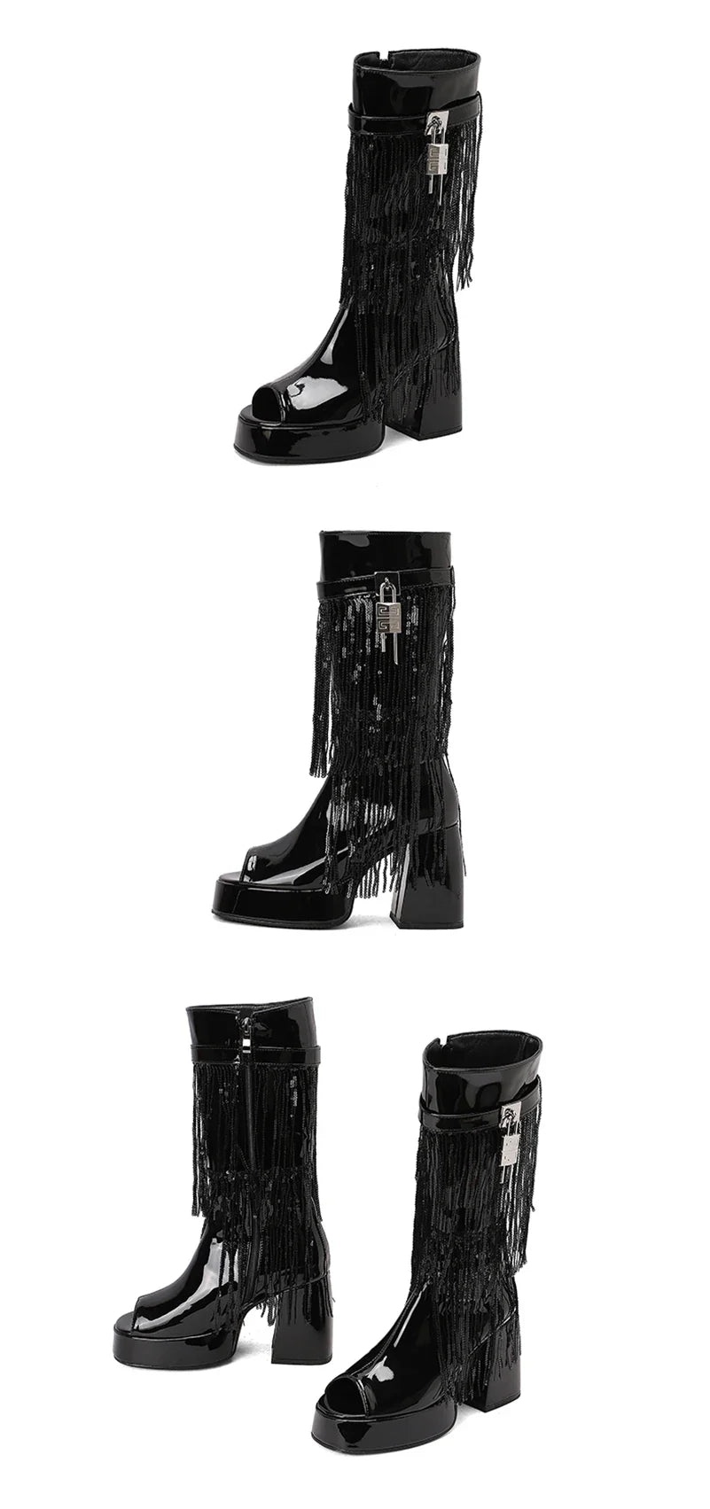 Plus Size Women White Patent Leather Fringe Tassel Mid Calf Boots Peep Toe Platform Block Heel Open Toe Party Club Heels
