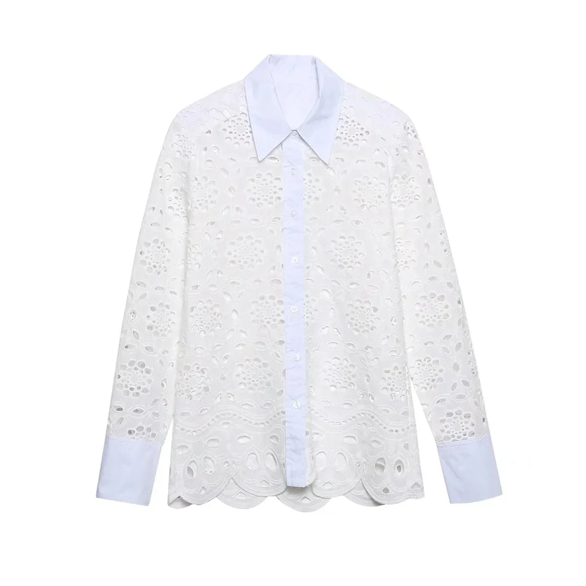 Spring Women Summer White Lace Dress Set Hollow Out Embroidery Shirt Skirt 2 Pcs Robe Outfits Single Breasting Cotton Maxi Dress