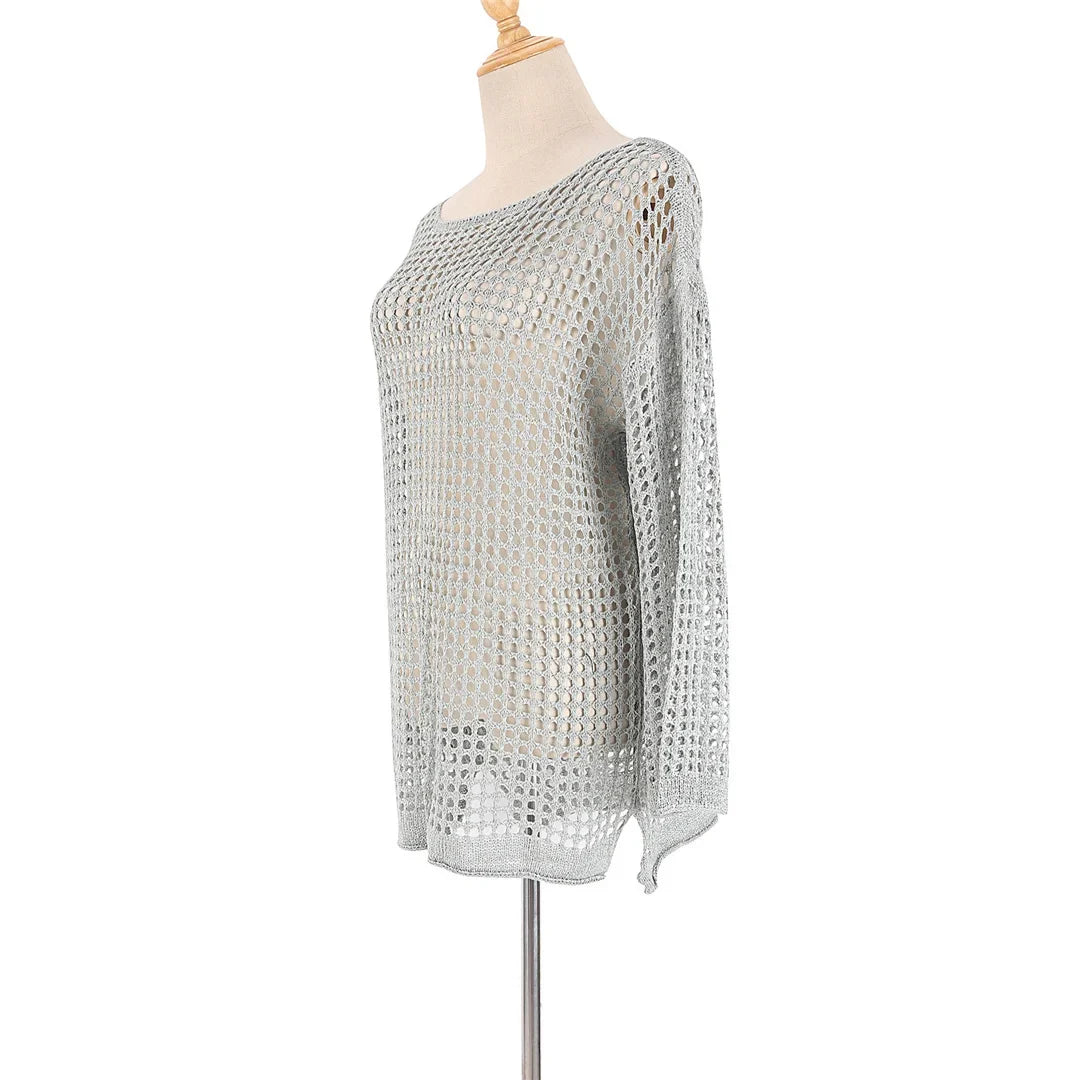 Long Sleeve Hollow Out Top Crochet Knitted Tunic Beach Cover Up Cover-ups Beach Dress Beach Wear Beachwear Female Women V4250