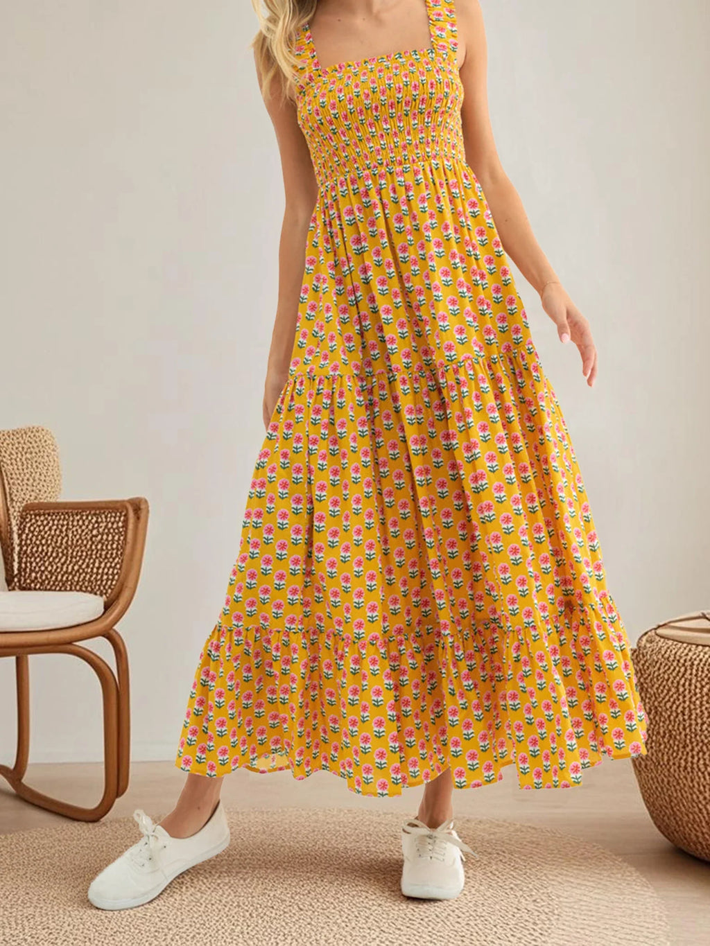 Women Summer Bohemian Floral Print Sundress Smocked Square Neck Sleeveless Backless A-line Long Tiered Ruffle Dress with Pockets