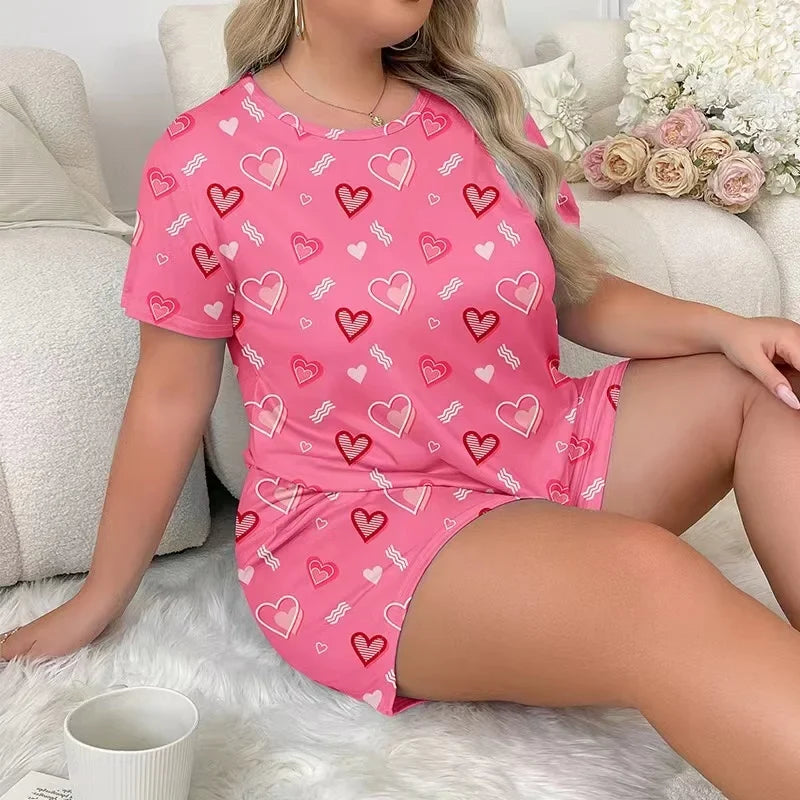 Pink Heart Print Plus-Size Women Sleepwear Pajama Set Nightgowns  Short Sleeve Tee and Shorts  Nightclothes 3XL 4XL 5XL Smooth
