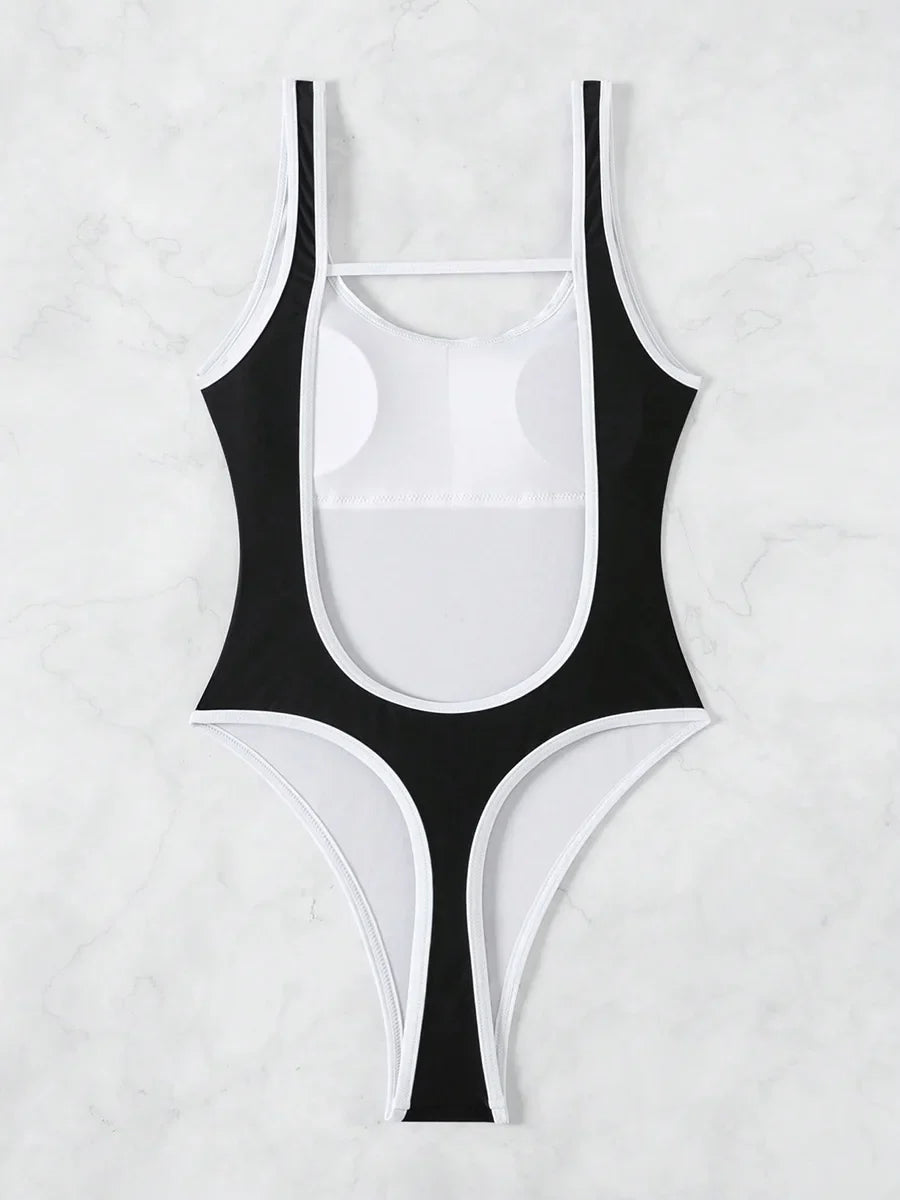 2026 Splicing Backless Women Thong Swimwear One Piece Swimsuit Female Monokini High Cut Leg Bather Bathing Suit Swim Beach Wear