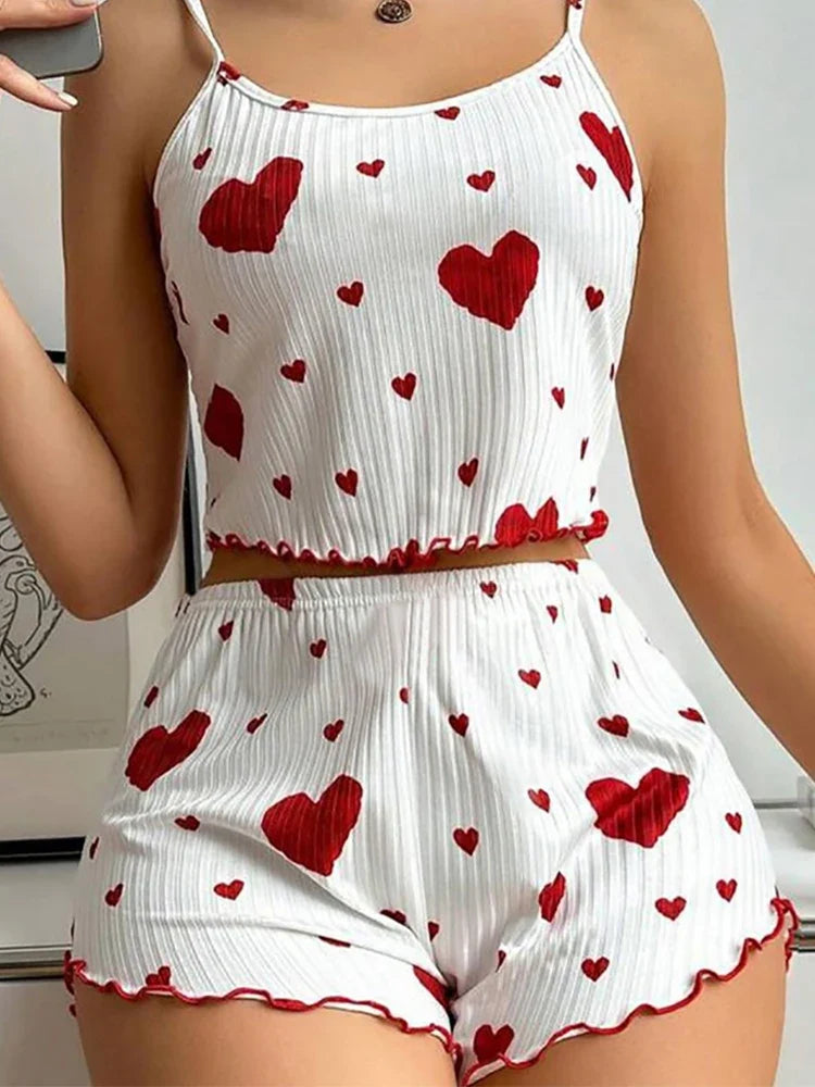 Women's Pajamas Set Sleepwear 2 PCS Short Tank Tops And Shorts S M L White Ventilate Soft Casual Love Printing