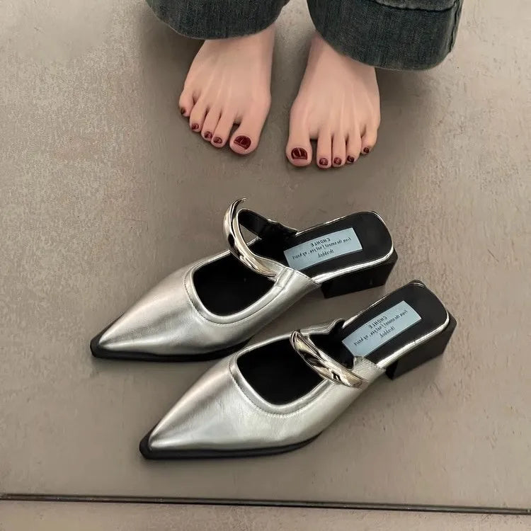 2026 New Summer Women Cover Toe Mules Slippers Fashion Metal Decoration Thick Heel Slide Shoes Comfort Street Style Footwear