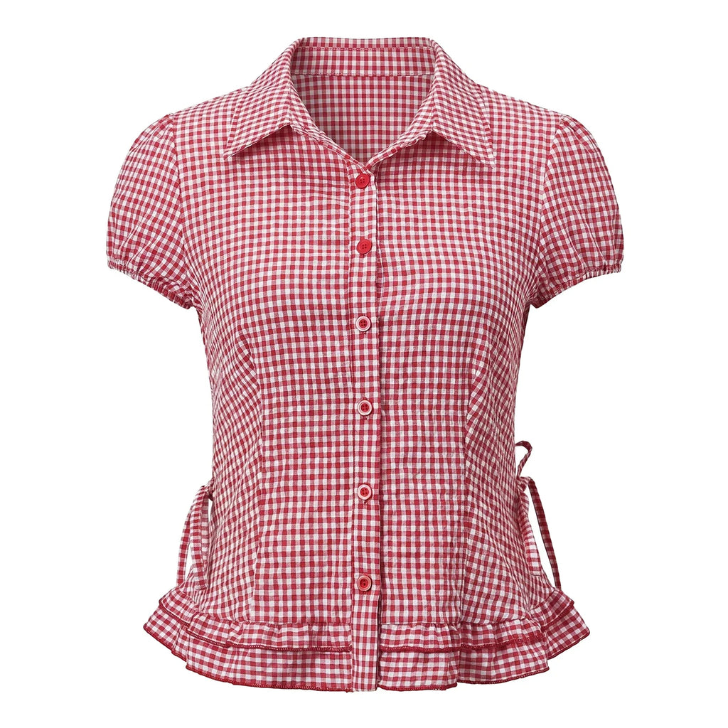Women Plaid Shirts Button Down Puff Short Sleeve Lapel Neck Tops Fashion Slim Fit Ruffle Trim Blouses Summer