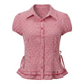 Women Plaid Shirts Button Down Puff Short Sleeve Lapel Neck Tops Fashion Slim Fit Ruffle Trim Blouses Summer