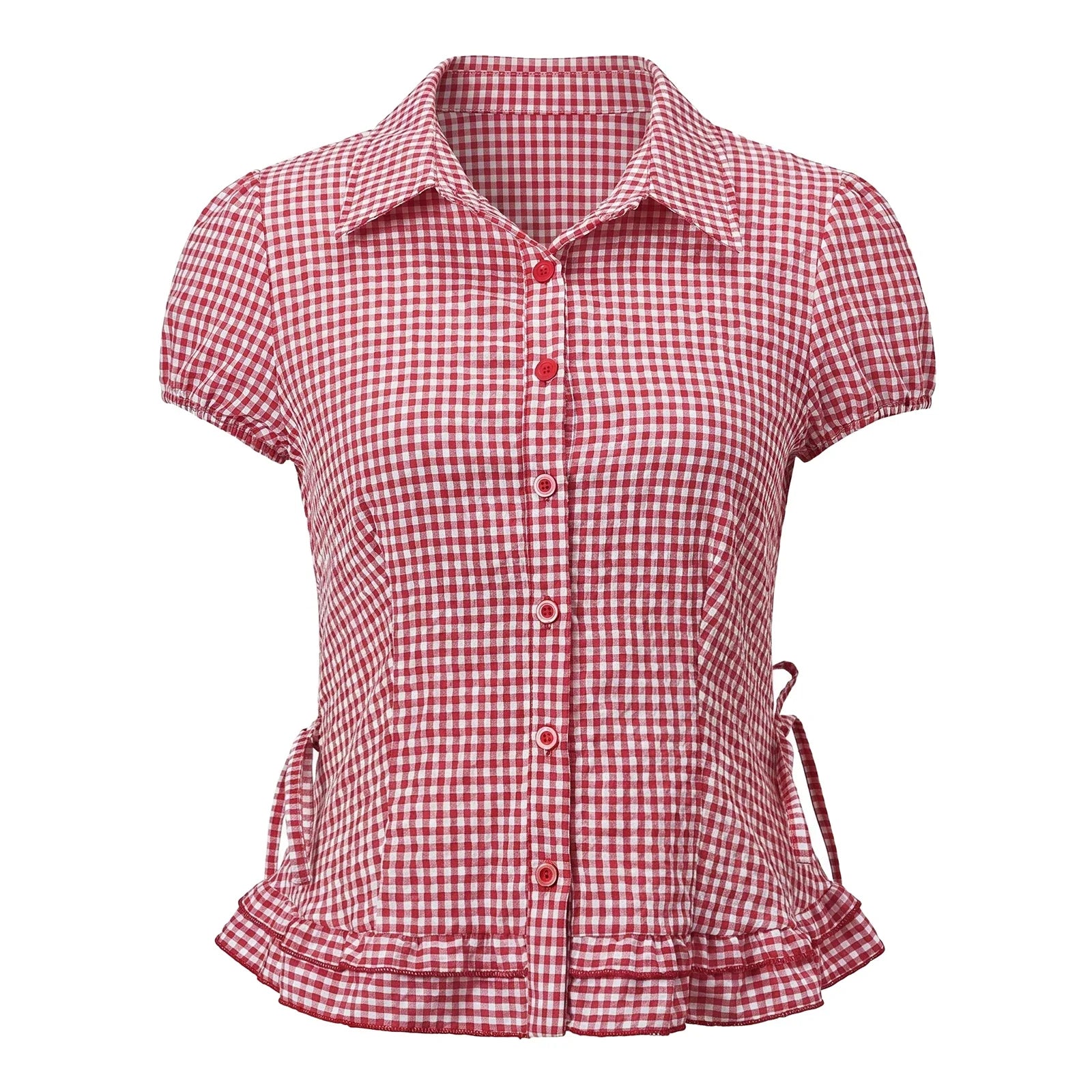 Women Plaid Shirts Button Down Puff Short Sleeve Lapel Neck Tops Fashion Slim Fit Ruffle Trim Blouses Summer