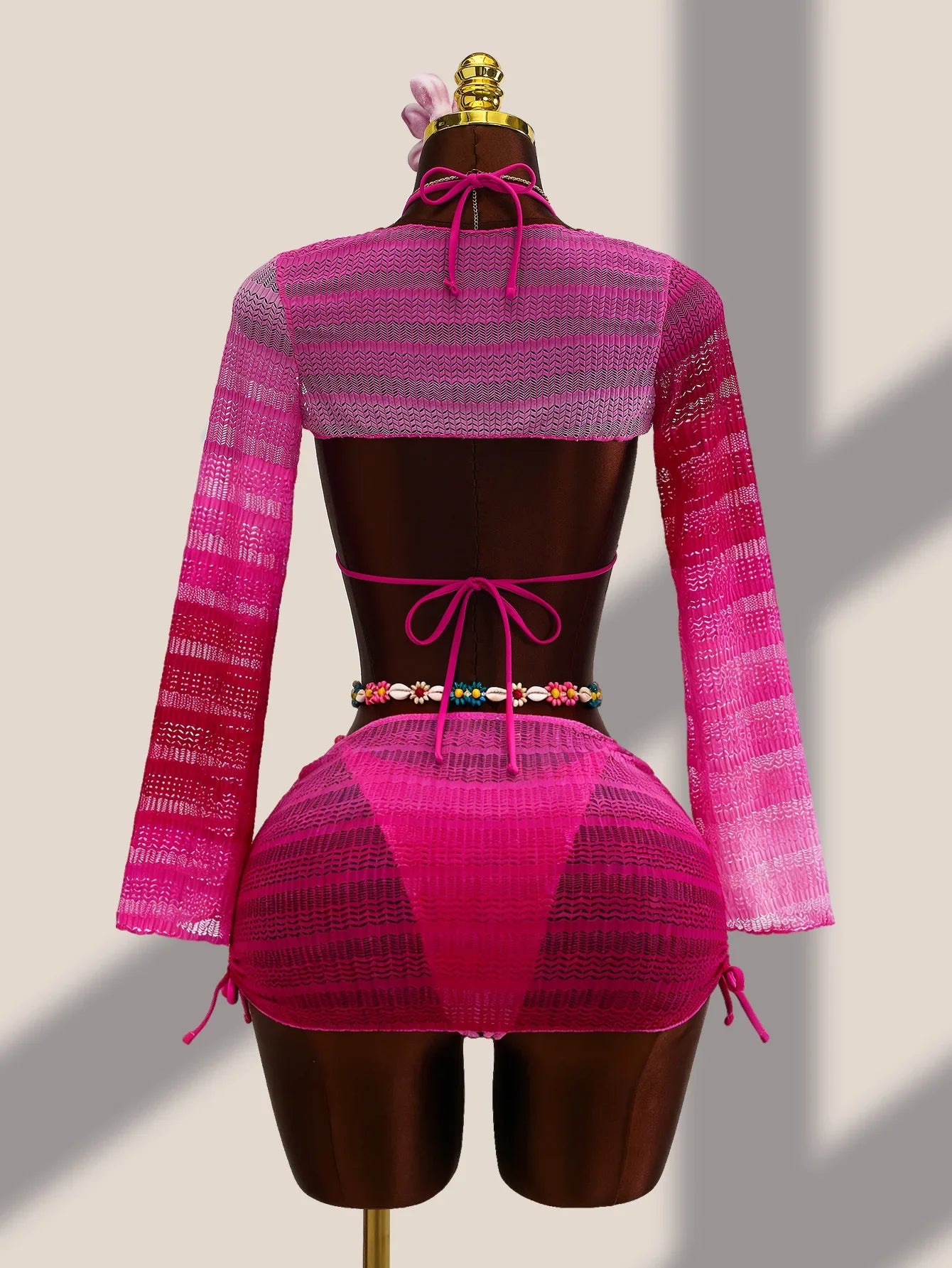 Sexy Blue Gradient Knitted 4 Piece Bikini Set 2026 Swimwear Women Long Sleeve Cover Up Drastring Skirt Holiday Thong Swimsuit