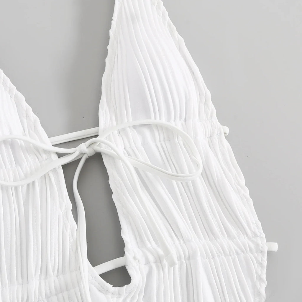 Deep V Neck Halter Wrinkled Female Swimwear One Piece Swimsuit Women Backless Monokini High Cut Bather Bathing Suit Swim Lady