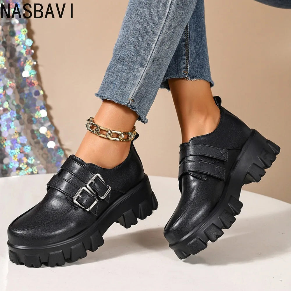 Platform Women's Punk High Heels Loafers Shoes Big Size 45 46 47 Buckle Black Thick Sole Heeled Punk Shoes Ladies 2026 Spring