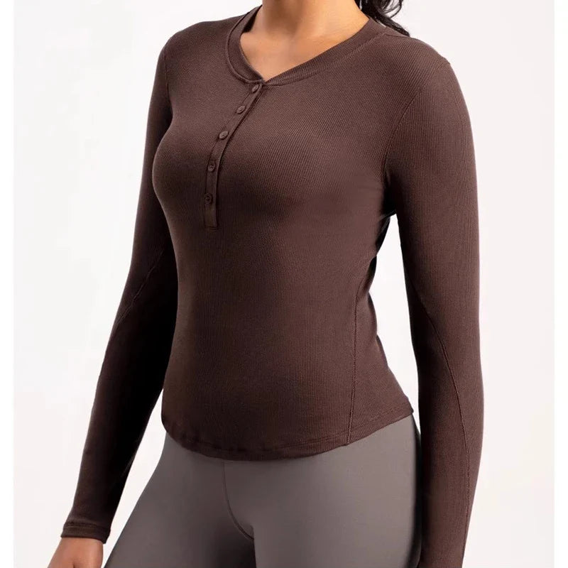 Women's fitness yoga suit, tight fitting long sleeved Henley shirt, running fitness base top