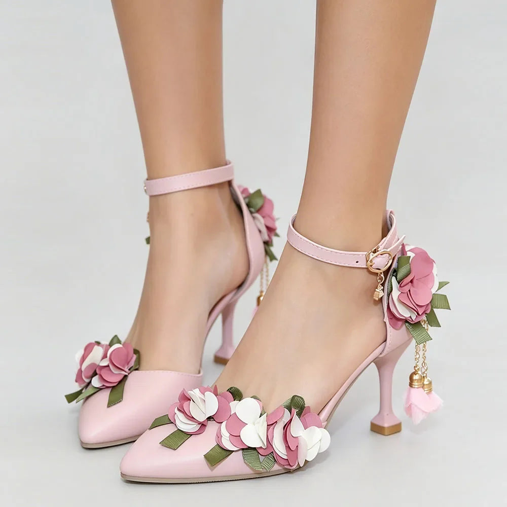 Small Big Size 32-46 Women's Elegant Pink Flowers High Heels Sandals Summer Sexy Pointy Toe Party White Wedding Sandals Shoes