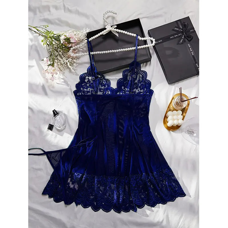 Summer Sleep Shirts Sexy Lingerie Women Mesh Nightgown Exquisite Ultra-thin Lace Embroidery Pajamas Hot Sleepwear With Thongs