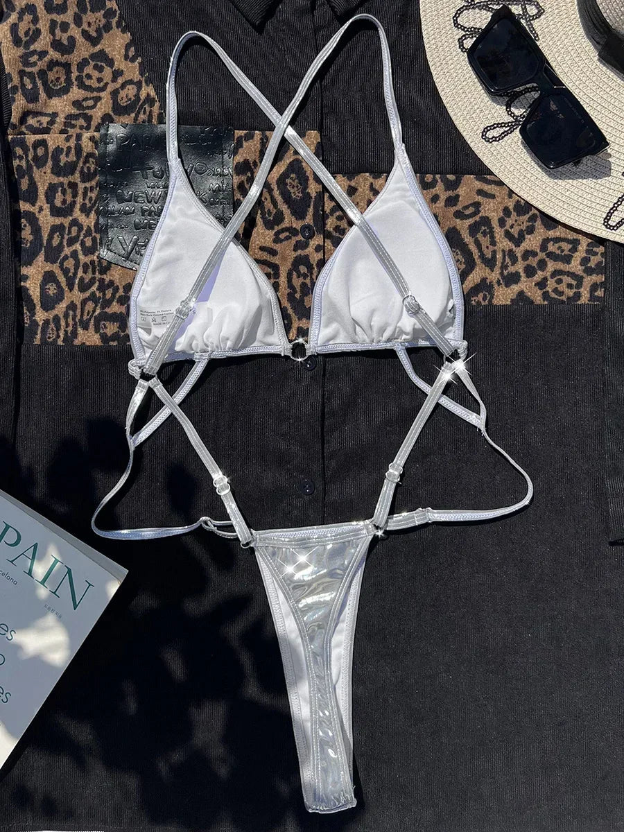 Shiny PU Leather Extreme Mini String Thong Monokini Backless Women Swimwear One Piece Swimsuit Female High Cut Bathing Suit Swim