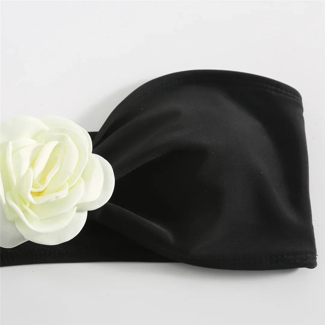 Sexy 3D Flowers Bandeau With Skirt Bikini Female Swimsuit Women Swimwear Three-Pieces Bikini Set Bather Bathing Suit Swim V5706