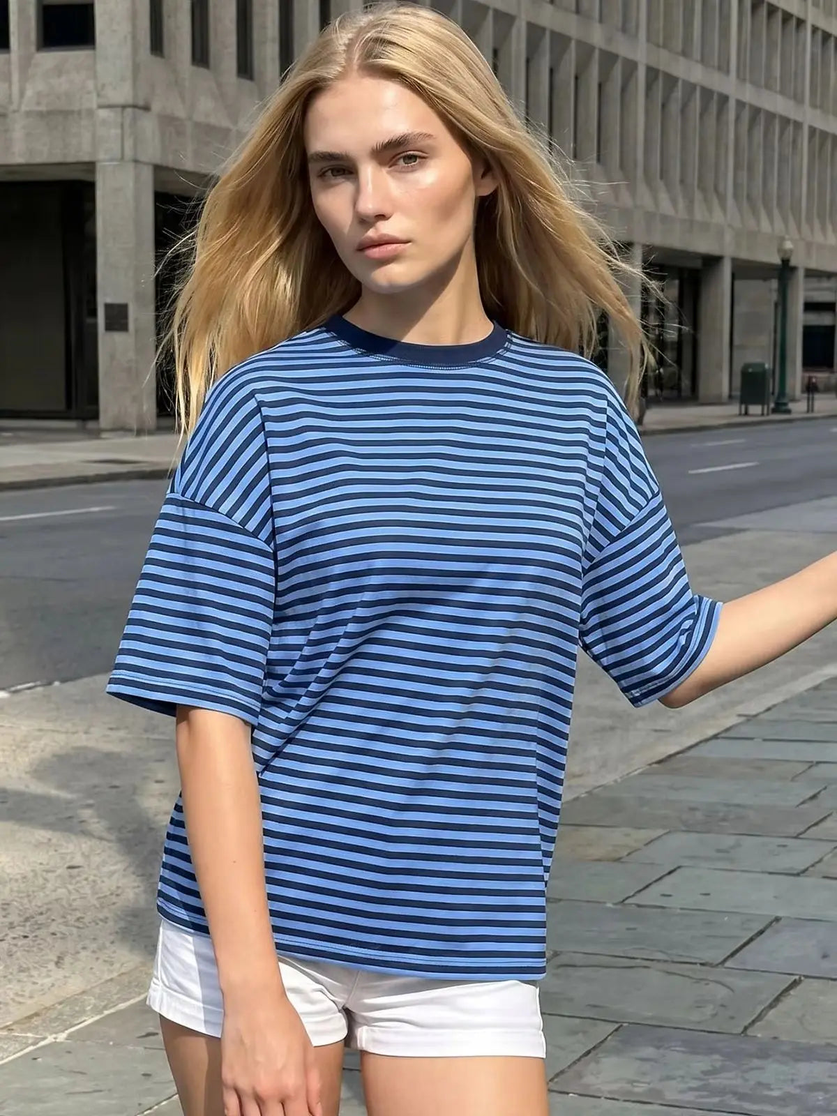 Summer Women's Loose T-shirt Casual Stylish Striped Crew Neck Short Sleeve Drop Shoulder Tee Tops