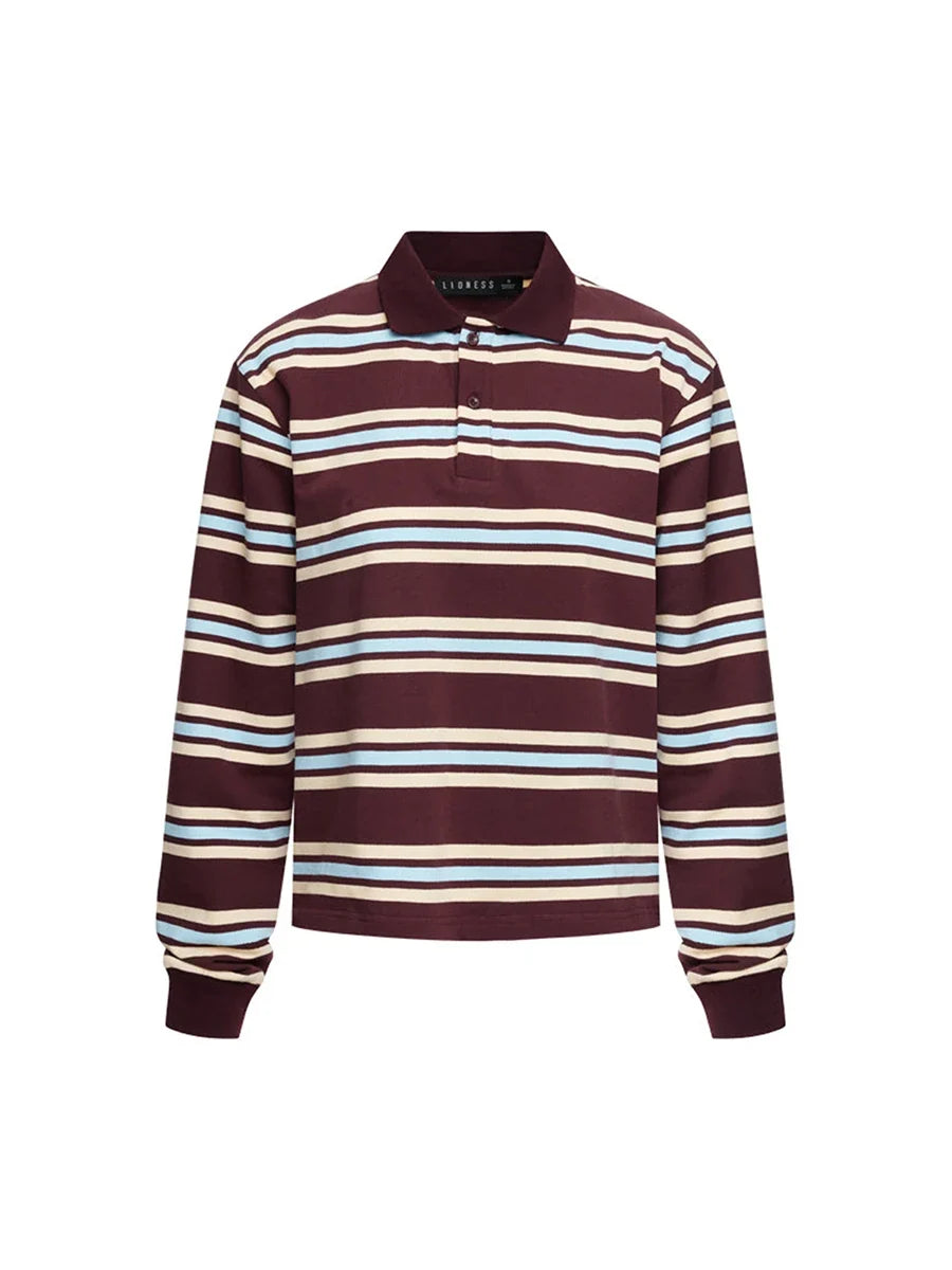 Women's Fall Striped Print T-Shirt Contrast Color Long Sleeve Lapel Neck Button-up Casual Pullover Tops