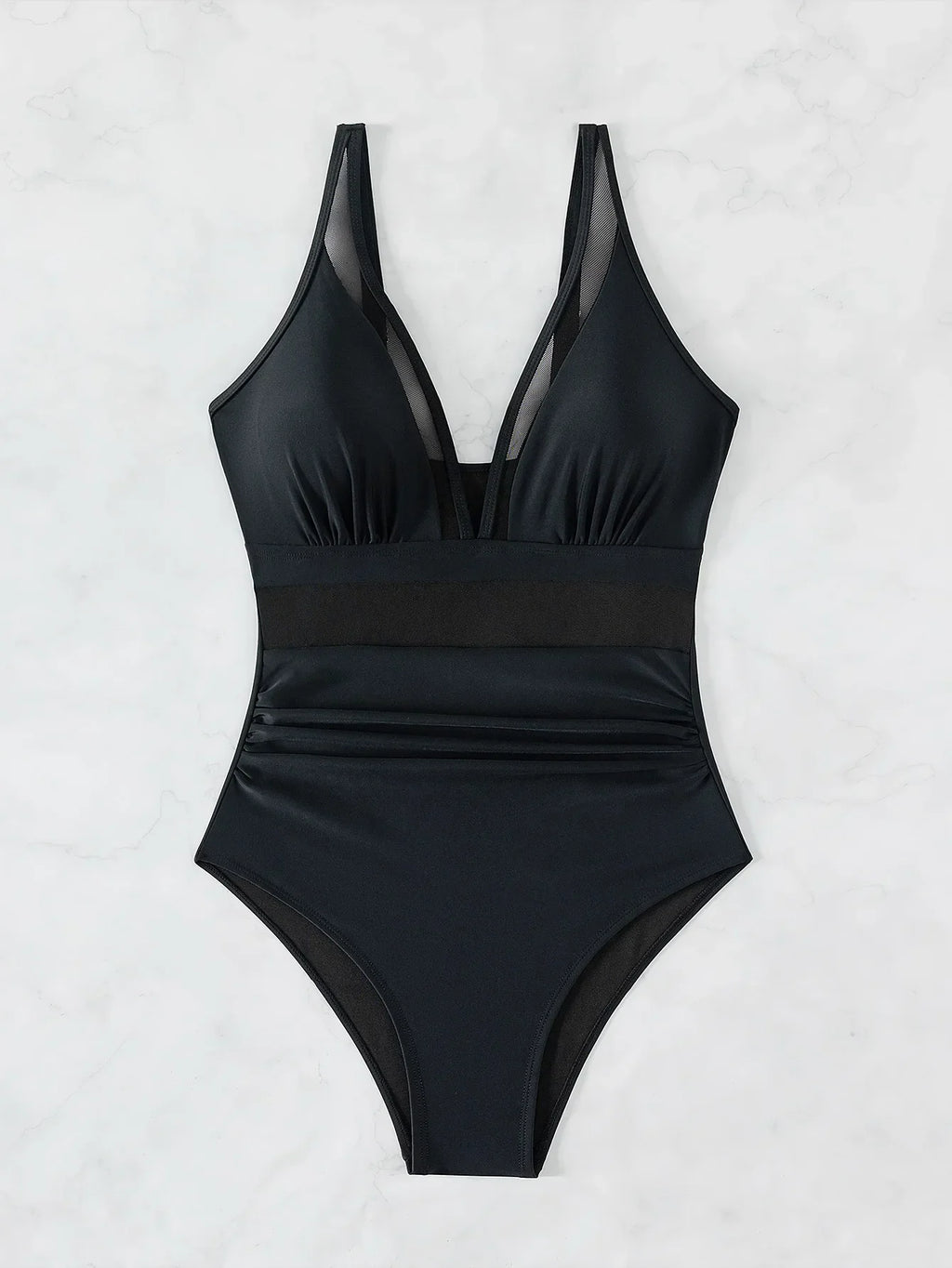 Sexy Black One Piece Swimsuit 2026 Women Mesh Patchwork Transparent Tummy Control Swimwear Bathing Suit See Through Monokini