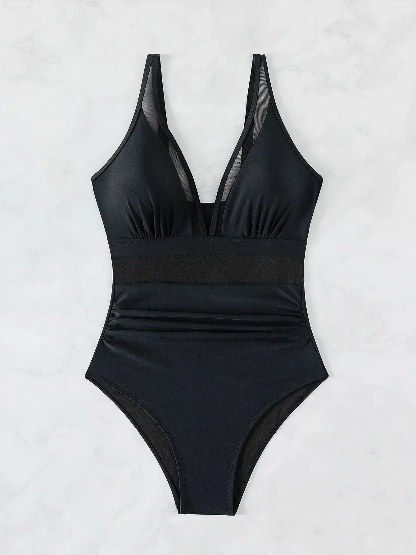 Sexy Black One Piece Swimsuit 2026 Women Mesh Patchwork Transparent Tummy Control Swimwear Bathing Suit See Through Monokini