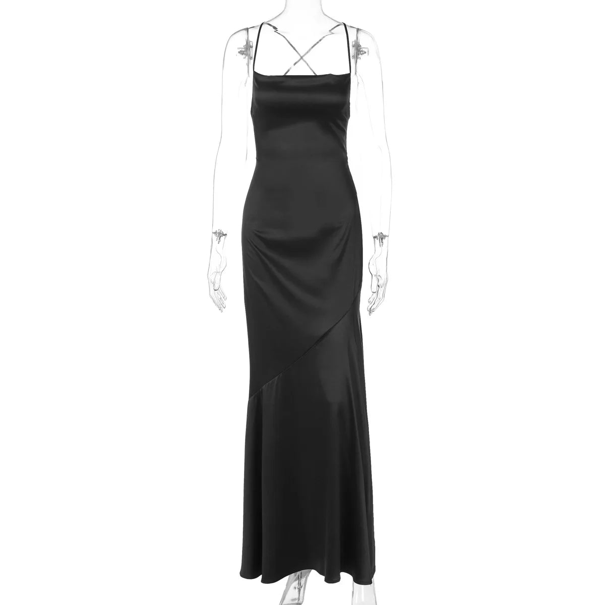 FDYOUI Women's Bandage Long Maxi Satin Dress Black 2026 Sexy Spaghetti Strap Slash Neck Backless Lace-up Party Evening Dresses