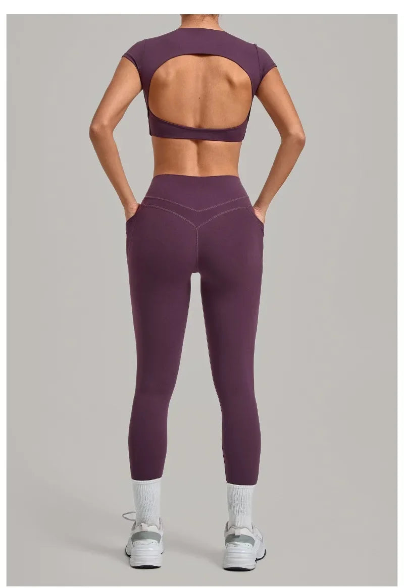 Women's Seamless Yoga Sets Sports Running High Waist Hip-lifting Pants Backless Short-sleeve Suits Workout Fitness Leggings Sets