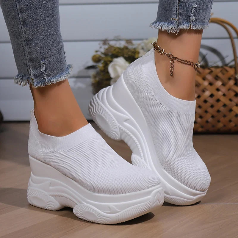 Black White Chunky Platform Knitted Sneakers Women Slip On Thick Bottom Vulcanizd Shoes Woman Breathable Mesh Walking Shoes