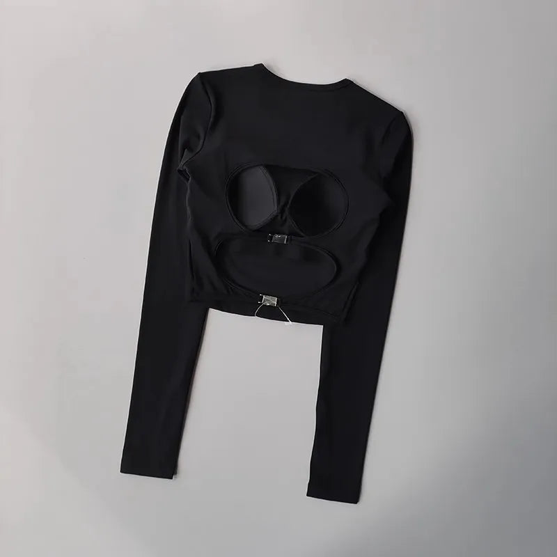 Women's long sleeved yoga suit sports top, high-end tight fitting hollow back fixed chest cushion