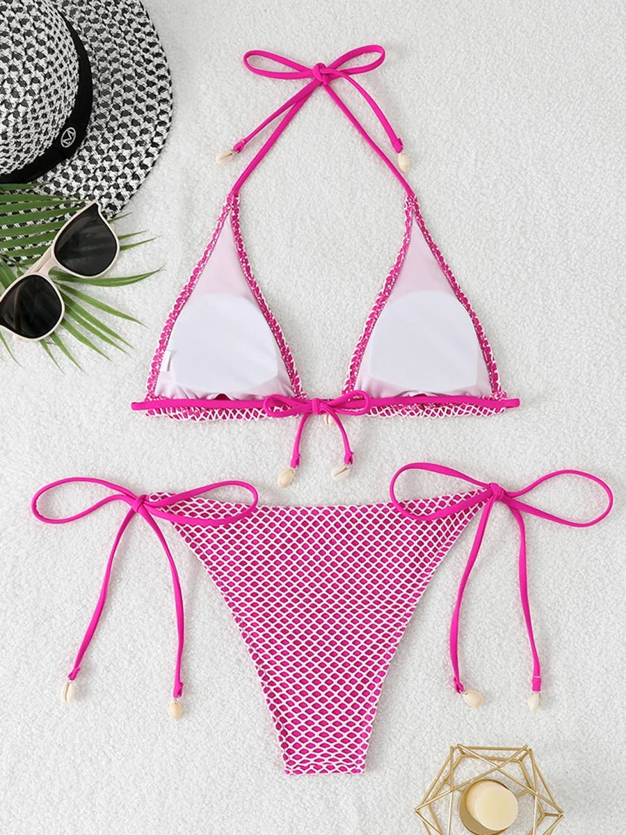 2026 Halter String Triangle Bikini Women Sexy Swimwear Female Mesh Swimsuit Solid Bathers Bathing Swimming Swim Suit Beachwear