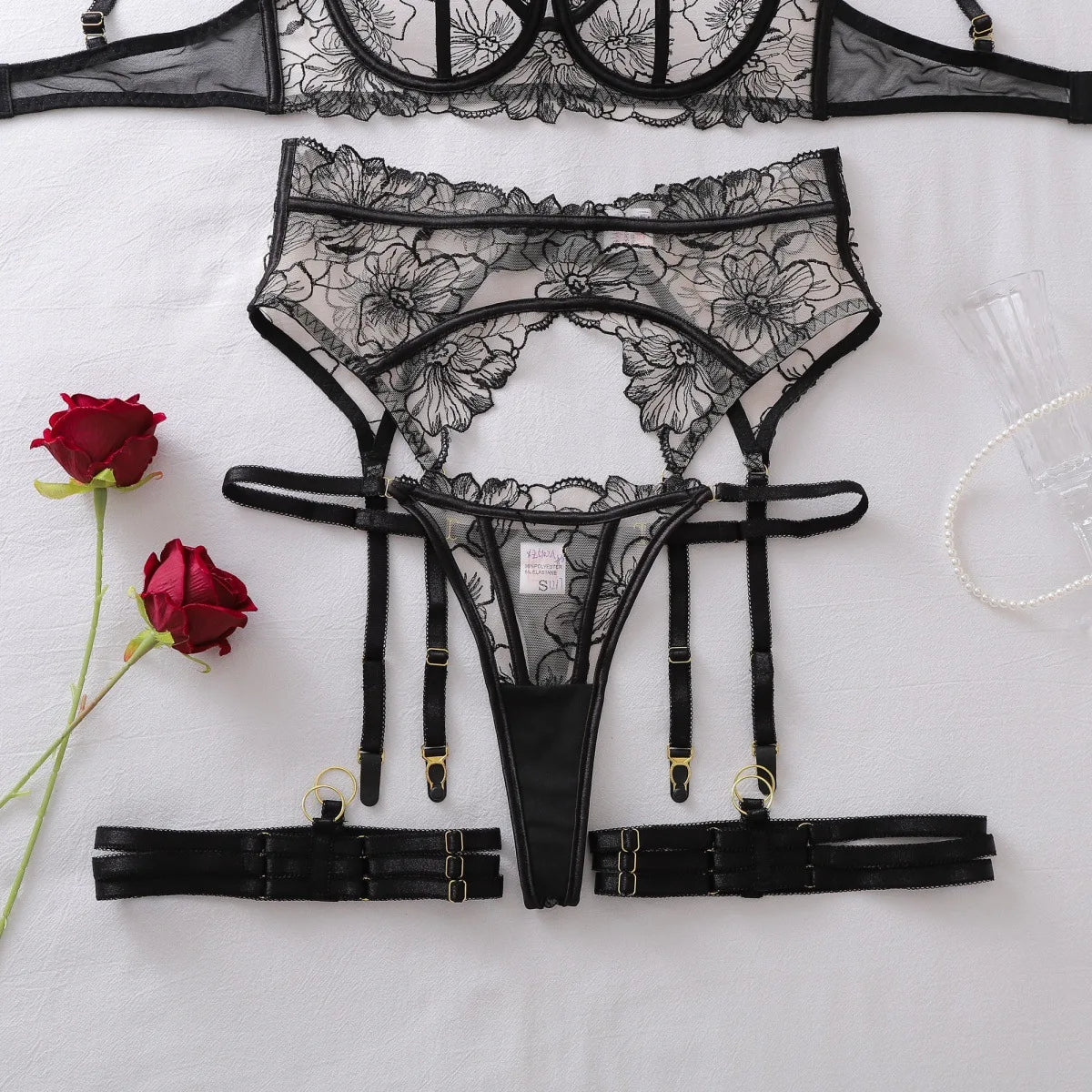 Toucheart Erotic Lingerie French Floral Embroidery See-through Mesh Push-up Underwire Sexy Body-shaping Thin Underwear Split Set