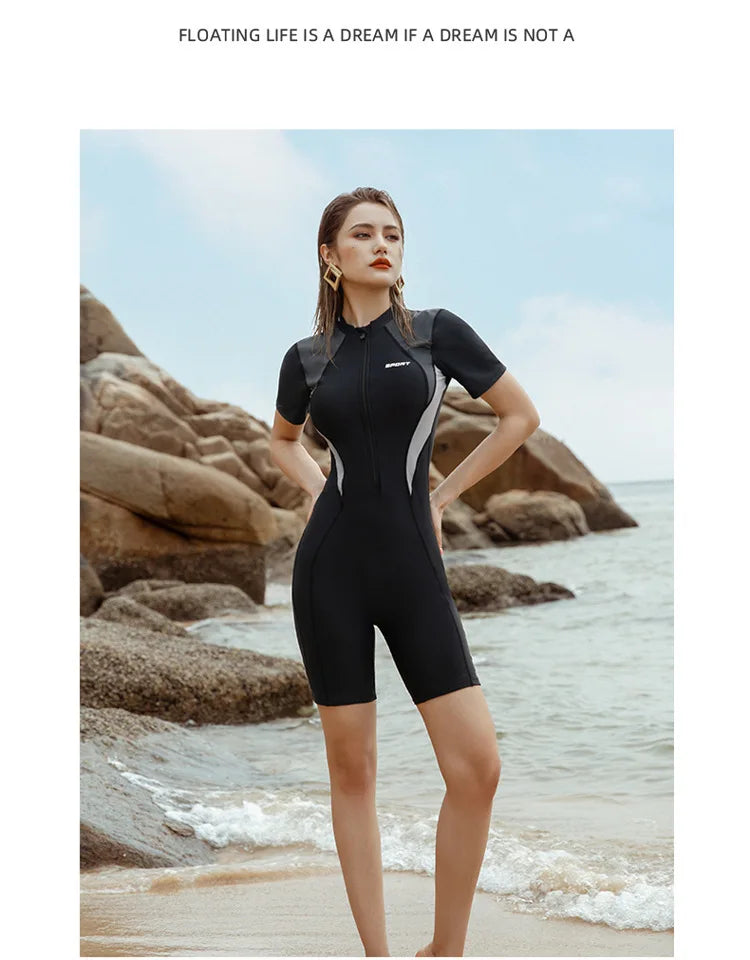 Swimsuit Women's Five Point Flat Leg Pants Conservative One-piece Slim Fit Sports Short Sleeved Hot Spring Swimsuit