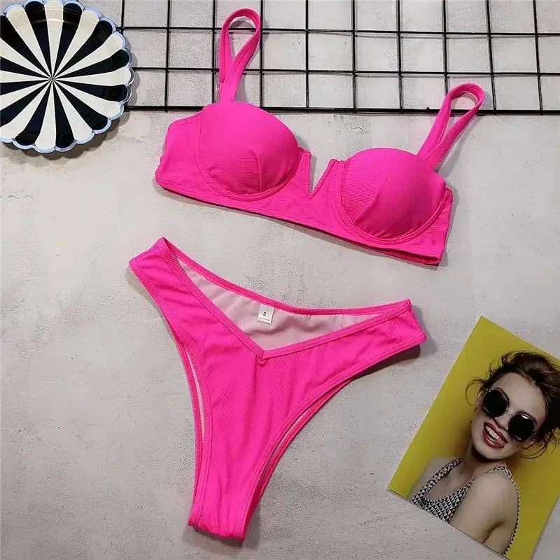 Sexy Ribbed Underwired V-bar Bikini Women Swimsuit Female Swimwear Two-pieces Bikini Set High Cut Bathing Suit Swim Beach Wear