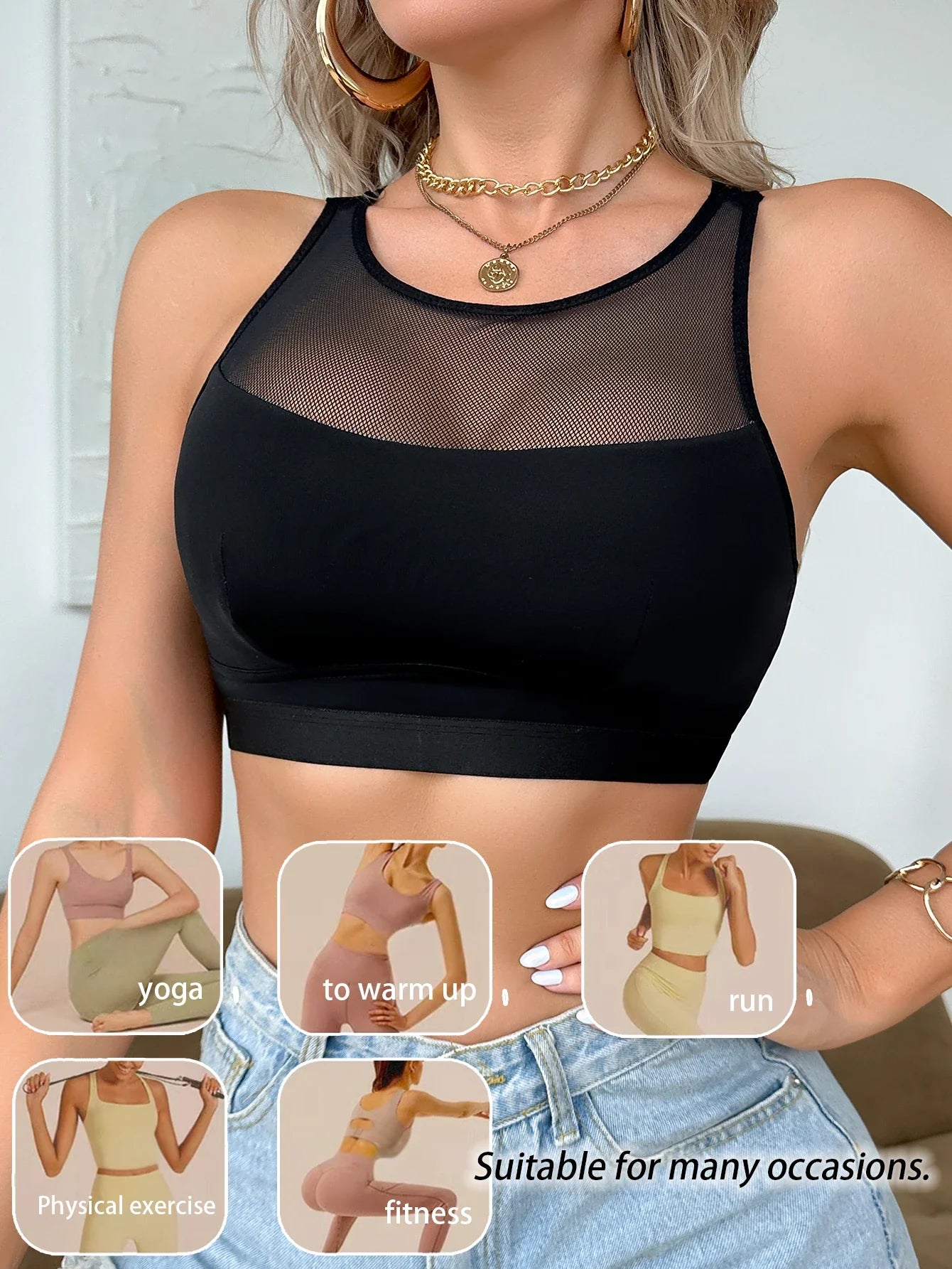 Women's Sexy Bras Breathable Mesh Seamless Yoga Sports Camisole Wireless Single-Layer Bra