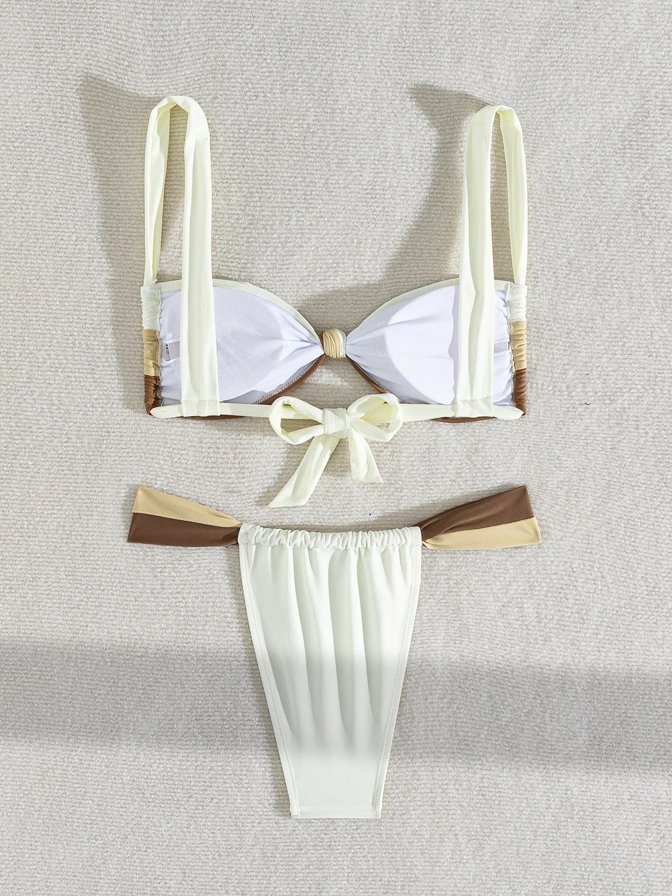 Sexy Front Tie Bikini 2025 Women Beige Patchwork Pleate Push Up Micro Swimsuit Brazilian Gradient Bathing Suit Thong Swimwear