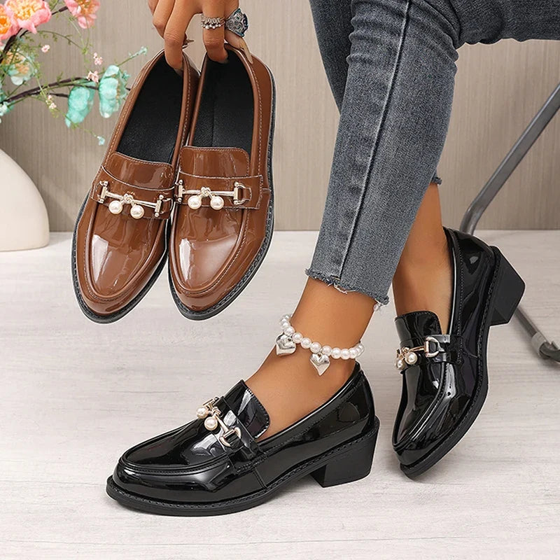 Office Ladies Patent Leather Oxford Shoes Plus Size 43 Pointed Toe Thick Heel Pumps Women British Style Slip On Student Shoes