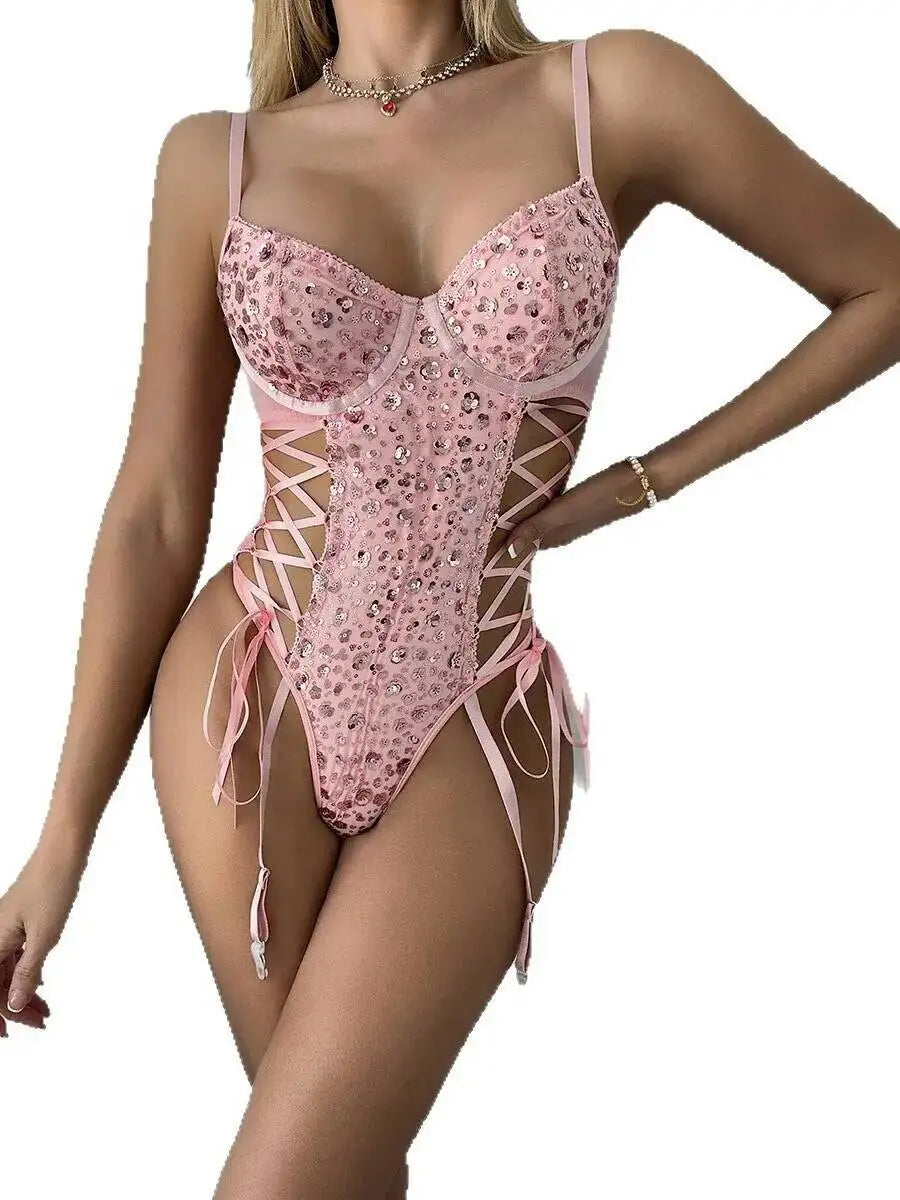 New Pink Sequin Hollow Out Bodysuits Elegant Backless Deep V Suspenders Sleeveless Bodysuits For Women Transparent Charming ZHAN