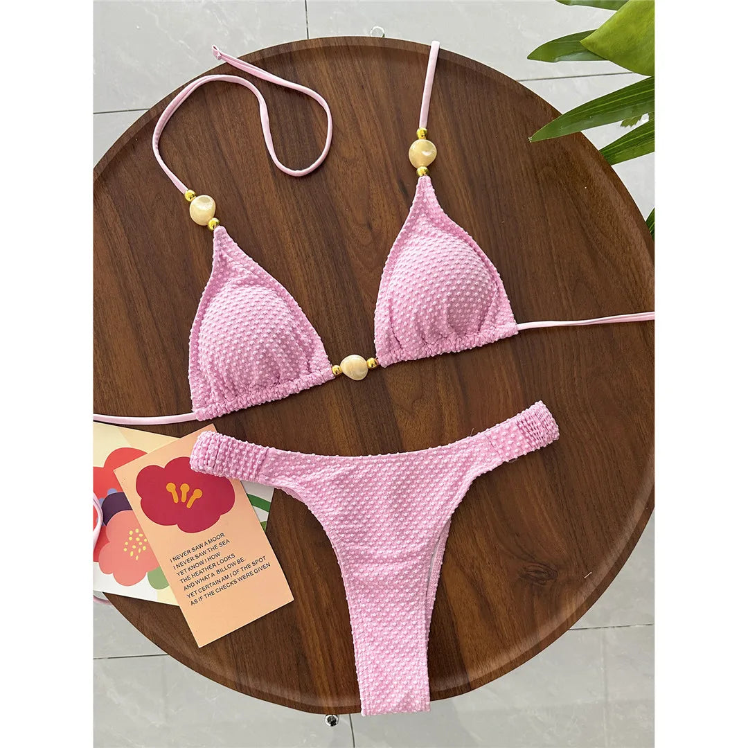 Wrinkled Crinkled Halter Bikini Female Swimsuit Women Swimwear Two-pieces Bikini set Brazilian Bather Bathing Suit Swim V8134