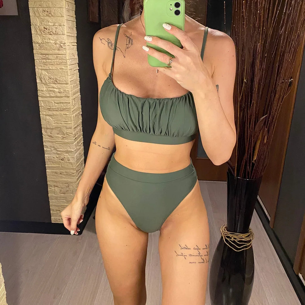 New Sexy Wrinkled Padded Female Swimsuit High Waist Bikini Women Swimwear Two-pieces Bikini Set Bather Bathing Suit Swim V3191