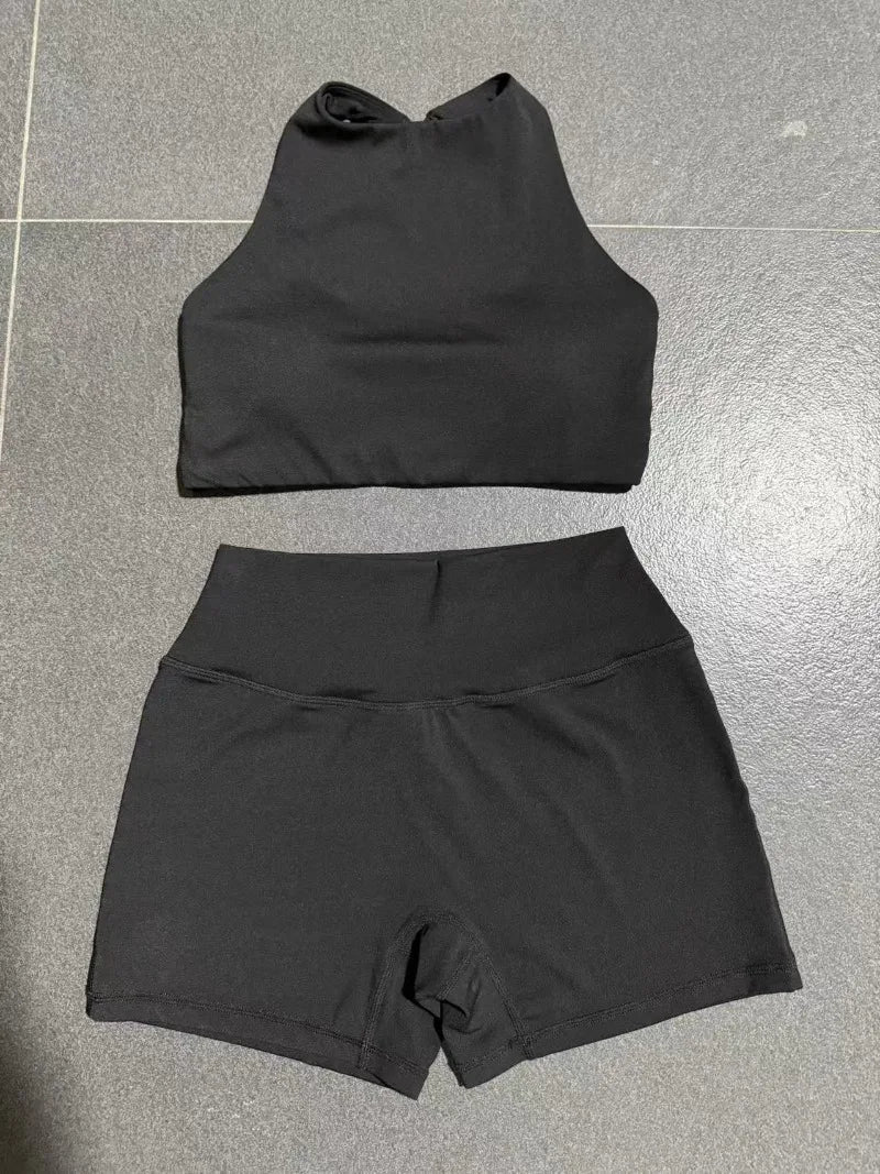 Women's Nude Yoga Sets Sports Cross Beauty Back Bra Hip-lifting Slim Fit Shorts Suits Running Fitness Workout Gym Sets