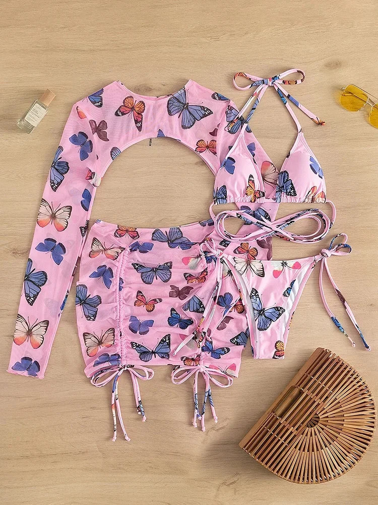 Long Sleeve Printed Halter Bikini Female Swimsuit Women Swimwear Four-pieces Bikini Set with Mesh Skirt Bathing Suit Beach Wear