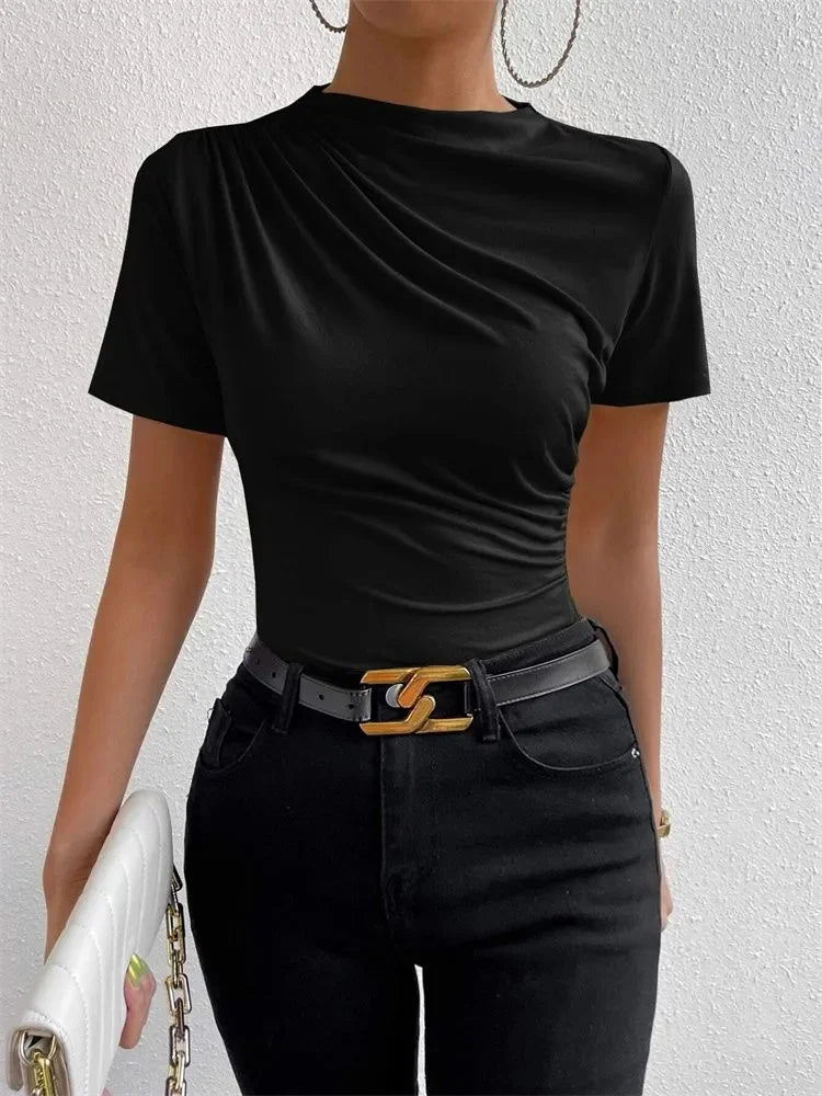 Women Short Sleeve Pleated T-shirt Summer Casual Slim Fit Mock Neck Ruched Tee Top Streetwear