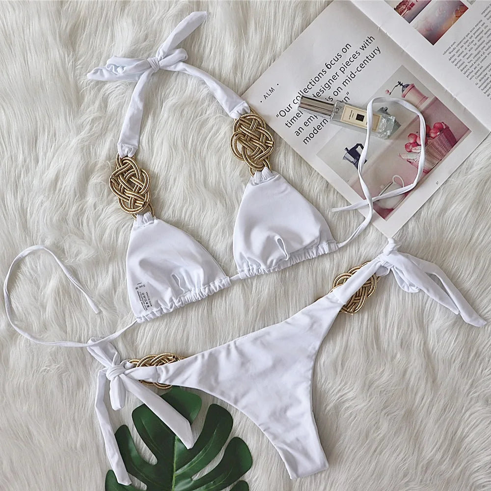 5 Colors Sexy Bikini Women Solid Hand-woven Knot Swimwear Swimsuit Female Bandage Halter Beach Bikini Set Bathing Suit Banadores