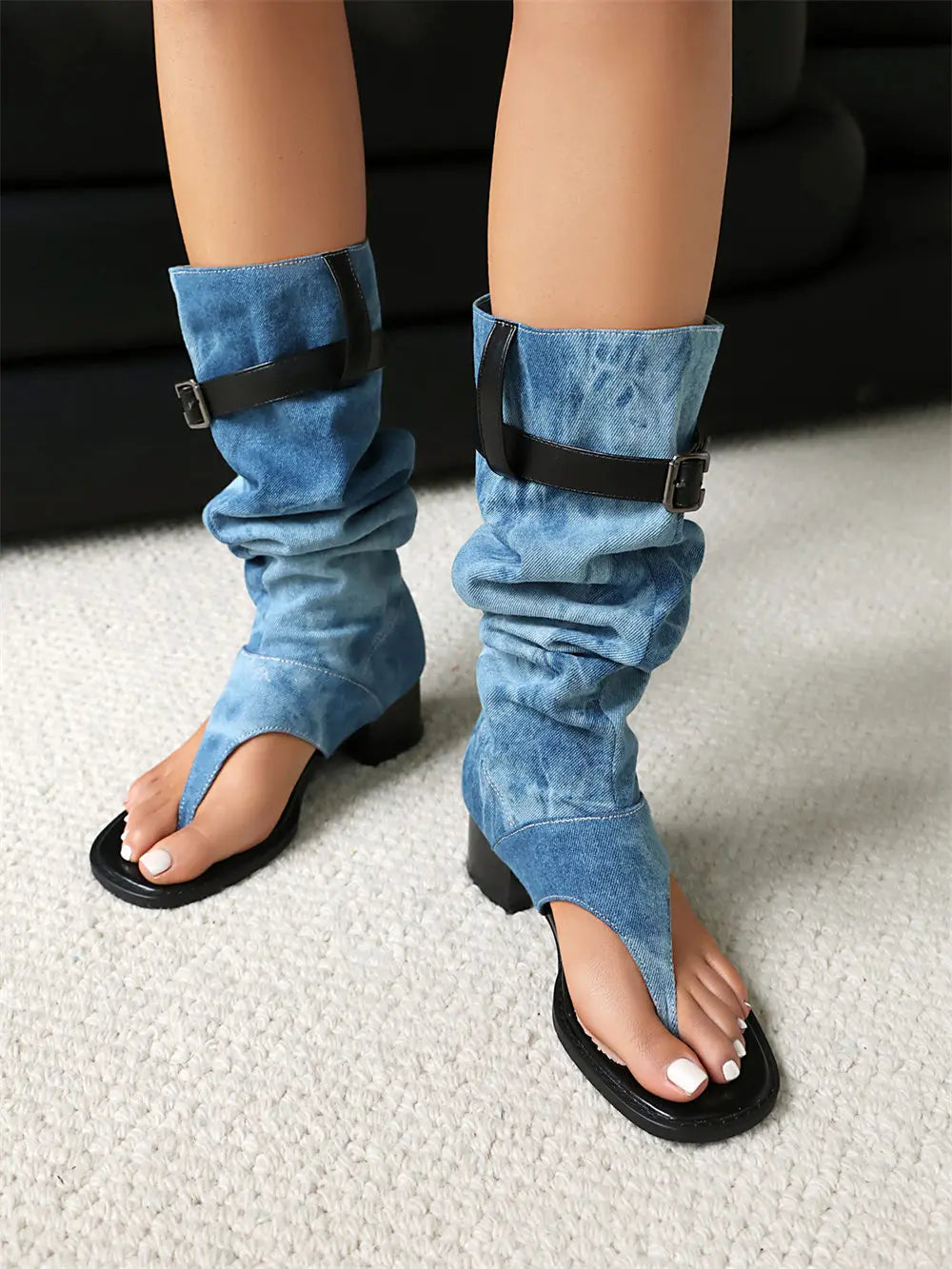 2025 Brand Plus Size 48 Trendy Denim Blue Gladiator Sandals Women Chic Black Chunky Heels  Fashion Comfy Walk Summer Boot Shoes