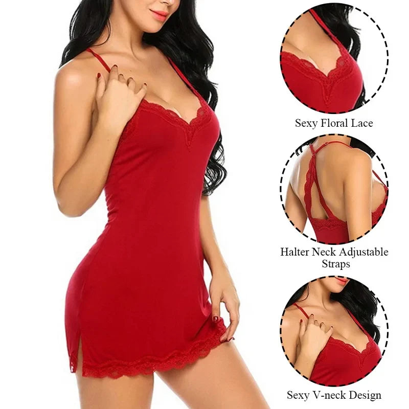 Plus Size 2XL Sexy Lingerie Sleepwear Women Silk Satin Night Dress Nightie Gown Babydoll Lace Mesh Nightwear