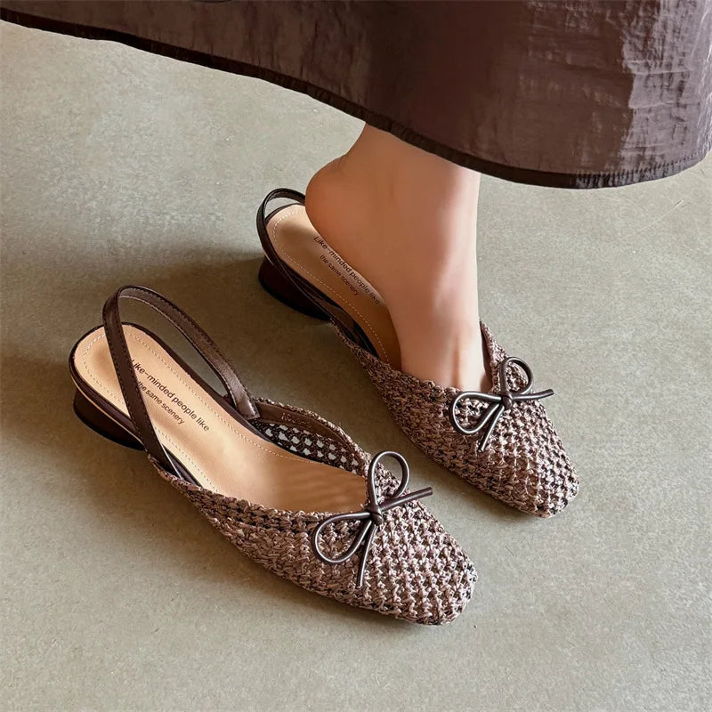 Woven Bow Back Strap Design Sandals Women's Summer New Square Head Shallow Mouth Single Shoe Comfortable Elegant Cool Pumps