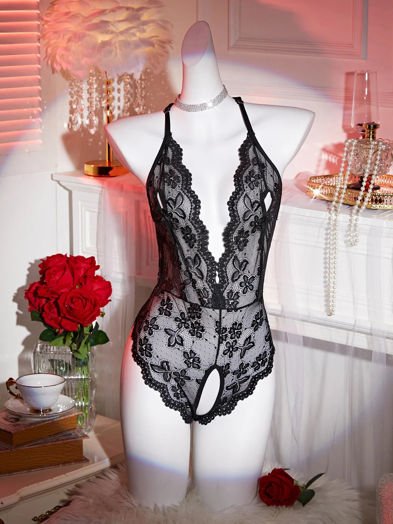 Transparent Lingerie For Women Ultra Hot Bow Erotic Underwear Adult Sex Pajamas Crotchless Backless Lace Sexy Teddies Bodysuit